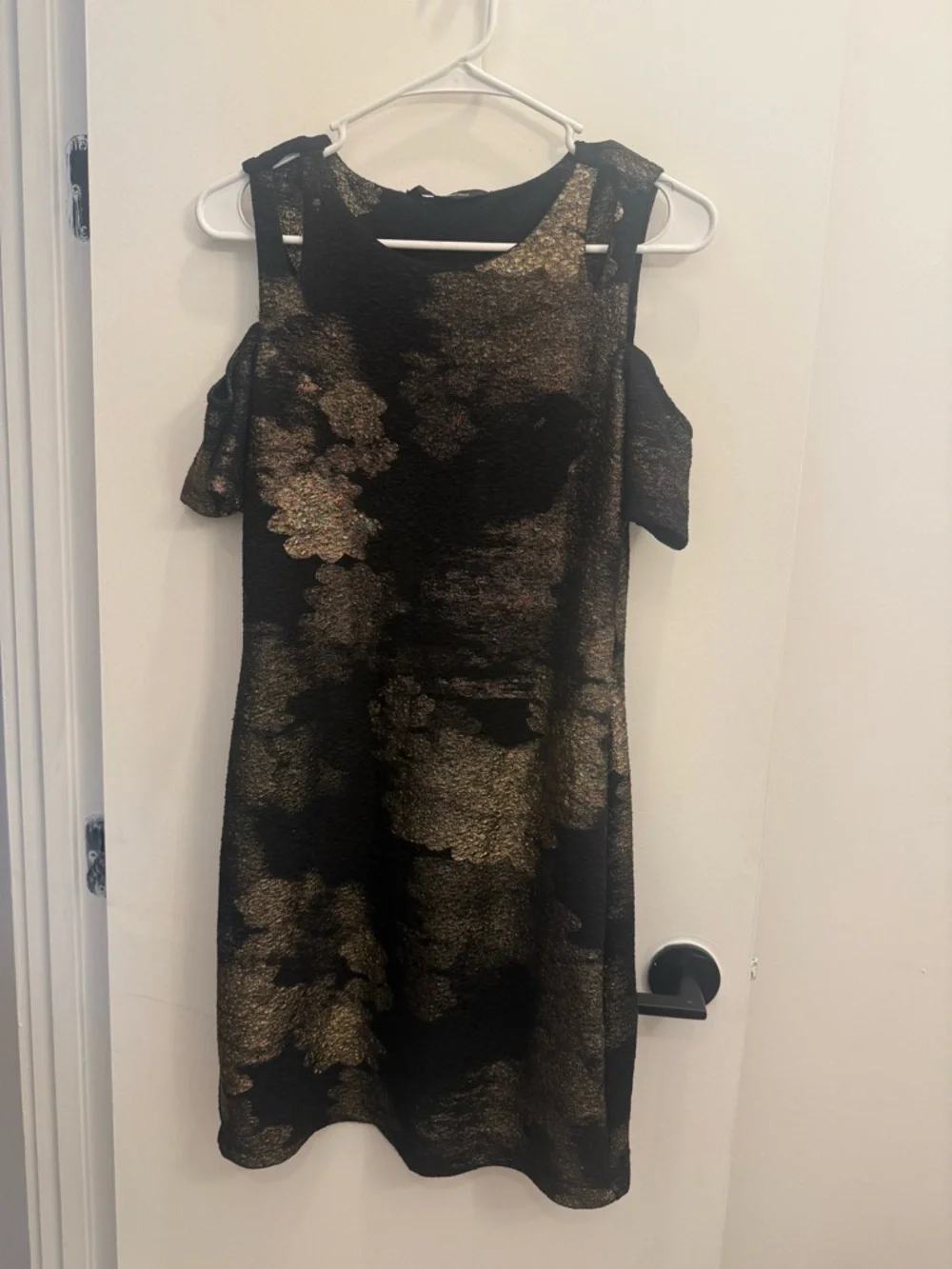 Black & Gold Cold-Shoulder Metallic Floral Dress